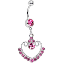 Load image into Gallery viewer, Pink Gem Ornate Hollow Heart Dangle Belly Ring
