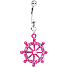 Load image into Gallery viewer, Pink Gem Sea to Sea Pink Ship Wheel Dangle Belly Ring
