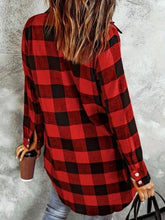 Load image into Gallery viewer, Deep Red Plaid Collared Neck Snap-Down Long Sleeve Jacket – Classic &amp; Trendy Outerwear with Pockets
