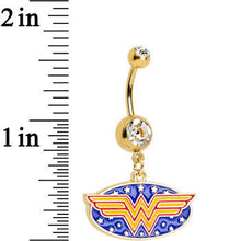 Load image into Gallery viewer, Clear Gem Gold Plated Licensed Wonder Woman Logo Dangle Belly Ring
