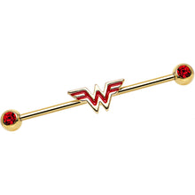 Load image into Gallery viewer, Red Gem Gold Plated Licensed Wonder Woman Logo Industrial Barbell
