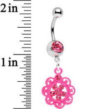 Load image into Gallery viewer, Pink Gem Lacy Pink Flower Dangle Belly Ring
