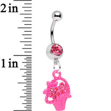 Load image into Gallery viewer, Pink Gem Bow Tied Pink Flower Basket Dangle Belly Ring
