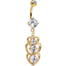 Load image into Gallery viewer, Clear Cubic Zirconia Gold Plated Three Heart Dangle Belly Ring
