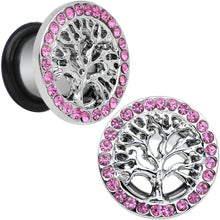 Load image into Gallery viewer, 00G Pink Gem Stainless Steel Single Flare Tree of Life Plug Set
