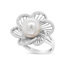 Load image into Gallery viewer, 14K White Gold 11mm Round Pearl and 1/3 Cttw Round Diamond Openwork Flower Blossom Ring (H-I Color, VS1-VS2 Clarity) - Size 6.50
