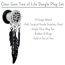 Load image into Gallery viewer, 0G Clear Gem Steel Single Flare Tree of Life Dangle Plug Set
