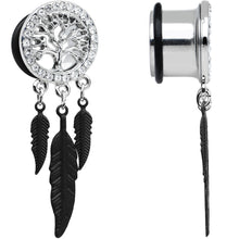 Load image into Gallery viewer, 9/16 Clear Gem Steel Single Flare Tree of Life Dangle Plug Set
