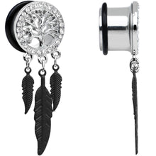 Load image into Gallery viewer, 5/8 Clear Gem Steel Single Flare Tree of Life Dangle Plug Set

