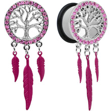 Load image into Gallery viewer, 11/16 Pink Gem Steel Single Flare Tree of Life Dangle Plug Set

