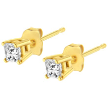 Load image into Gallery viewer, AGS Certified 1/4 Cttw Princess-Cut Square Diamond 4-Prong Solitaire Stud Earrings in 14K Yellow Gold (J-K Color, SI2-I1 Clarity)
