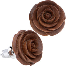Load image into Gallery viewer, Organic Chocolate Wood Hand Carved Rosebud Stud Earrings
