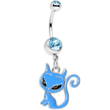 Load image into Gallery viewer, Aqua Gem Kitten Dangle Belly Ring

