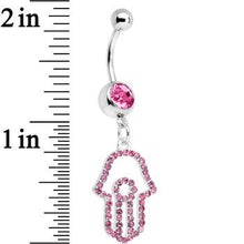 Load image into Gallery viewer, Pink Paved Hamsa Hand Dangle Belly Ring
