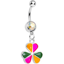 Load image into Gallery viewer, Aurora Gem Pink Orange Green Clover Dangle Belly Ring
