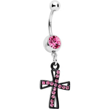 Load image into Gallery viewer, Pink Gem Black Cross Dangle Belly Ring
