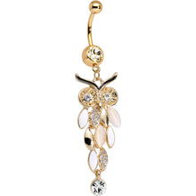Load image into Gallery viewer, Clear Gem White Faux Opal Gold Anodized Feather Owl Dangle Belly Ring
