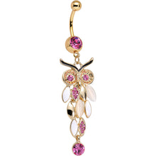 Load image into Gallery viewer, Pink Gem White Faux Opal Gold Anodized Feather Owl Dangle Belly Ring

