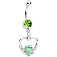 Load image into Gallery viewer, Green Gem Imitation Opal Claddagh Dangle Belly Ring
