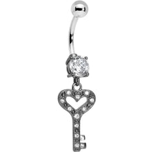Load image into Gallery viewer, 925 Sterling Silver Clear Gem Heart Key Dangle Belly Ring
