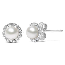 Load image into Gallery viewer, 10K White Gold 4.5mm Cultured Freshwater Pearl and 1/7 Cttw Diamond Halo Stud Earring (I-J Color, I1-I2 Clarity)

