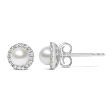 Load image into Gallery viewer, 10K White Gold 4.5mm Cultured Freshwater Pearl and 1/7 Cttw Diamond Halo Stud Earring (I-J Color, I1-I2 Clarity)
