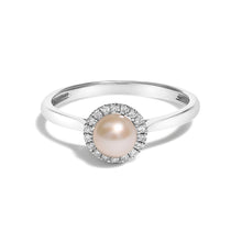 Load image into Gallery viewer, 10K White Gold 5MM Cultured Freshwater Pearl  and Diamond Halo Ring (I-J Color, I1-I2 Clarity) - Ring Size 6.5
