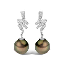 Load image into Gallery viewer, 14K White Gold 9MM Cultured Black Pearl and Diamond Accent Drop and Dangle Earrings (I-J Color, SI1-SI2 Clarity)
