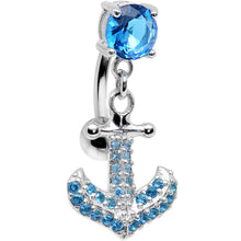 Load image into Gallery viewer, 925 Sterling Silver Aqua Jeweled Anchor Top Mount Dangle Belly Ring
