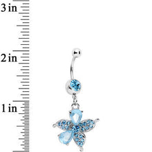Load image into Gallery viewer, Blue Jeweled Tropical Flower Dangle Belly Ring
