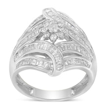 Load image into Gallery viewer, .925 Sterling Silver 1-1/8 Cttw Round &amp; Baguette Diamond 'Flower &amp; Fern' Cluster Cocktail Fashion Ring (I-J Color, I2-I3 Clarity) - Size 6
