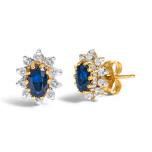 Load image into Gallery viewer, 14K Yellow Gold 1/4 Cttw Diamond and Blue Sapphire Sunburst Halo Stud Earrings (K-L Color, I1-I2 Clarity)
