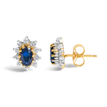 Load image into Gallery viewer, 14K Yellow Gold 1/4 Cttw Diamond and Blue Sapphire Sunburst Halo Stud Earrings (K-L Color, I1-I2 Clarity)
