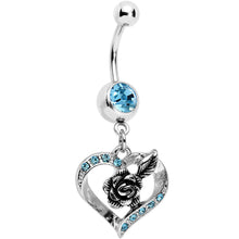 Load image into Gallery viewer, Aqua Gem Tattoo Rose Flower in a Hollow Heart Dangle Belly Ring
