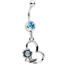 Load image into Gallery viewer, Aqua Gem Hollow Heart Flower Dangle Belly Ring
