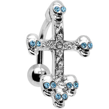 Load image into Gallery viewer, Aqua Gem Top Mount Skull Studded Gothic Cross Belly Ring
