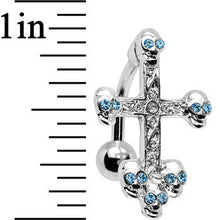 Load image into Gallery viewer, Aqua Gem Top Mount Skull Studded Gothic Cross Belly Ring
