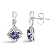 Load image into Gallery viewer, 10K White Gold Blue Purple Tanzanite and Diamond Halo Cushion Shaped Drop Earrings (I-J Color, I1-I2 Clarity)

