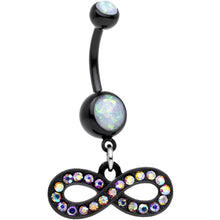 Load image into Gallery viewer, White Resin Faux Opal CZ Black PVD Infinity Dangle Belly Ring
