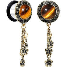 Load image into Gallery viewer, 9/16 Tiger Eye Stainless Steel Flower Dangle Single Flare Plug Set
