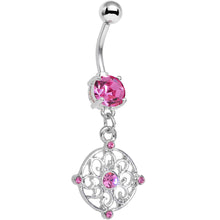 Load image into Gallery viewer, Pink CZ Scrolling Medallion Dangle Belly Ring
