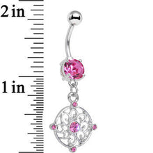 Load image into Gallery viewer, Pink CZ Scrolling Medallion Dangle Belly Ring
