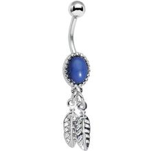 Load image into Gallery viewer, Dark Blue Santa Fe Double Feather Dangle Belly Ring
