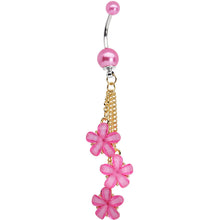 Load image into Gallery viewer, Golden Chain Hot Pink Pearly Floral Dangle Belly Ring

