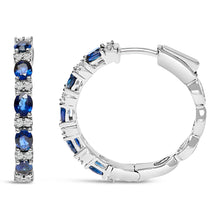 Load image into Gallery viewer, 14K White Gold 4x3mm Oval Blue Sapphire and 1/4 Cttw Diamond Alternating Hoop Earring (I-J Color, SI2-I1 Clarity)
