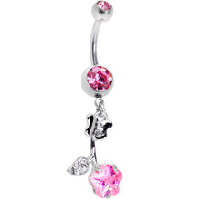Load image into Gallery viewer, Clear and Pink Gem Delicate Rose Flower Dangle Belly Ring

