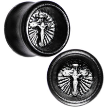 Load image into Gallery viewer, 9/16 Black Organic Beechwood Stainless Steel Cross Saddle Plug Set
