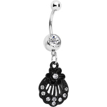 Load image into Gallery viewer, Clear Czech Stone Black Floral Seashell Dangle Belly Ring
