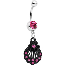 Load image into Gallery viewer, Pink Czech Stone Black Floral Seashell Dangle Belly Ring
