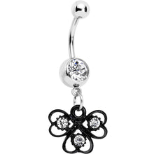 Load image into Gallery viewer, Clear Czech Stone Black Swirl Trio of Love Dangle Belly Ring
